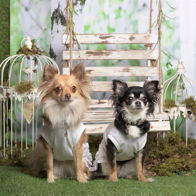 Chihuahuas with white shirt, in pastoral decoration