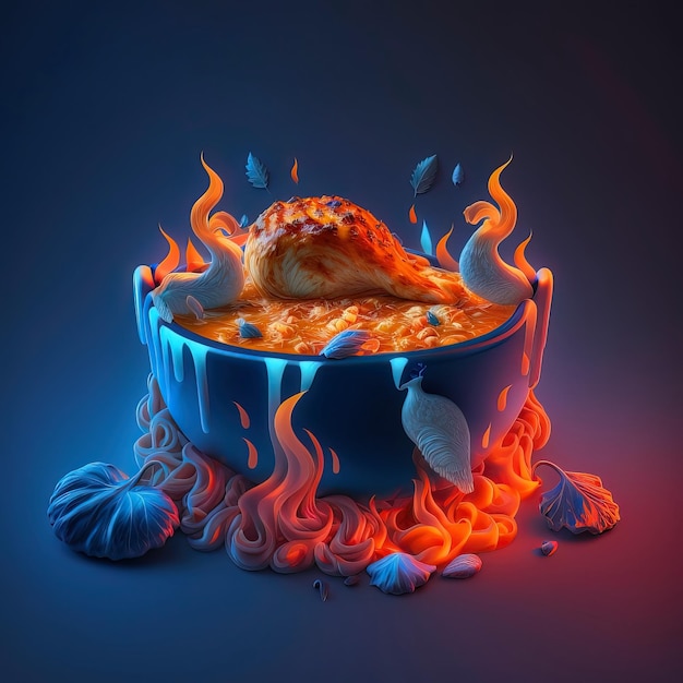 Chiken in Bowl With fire around it