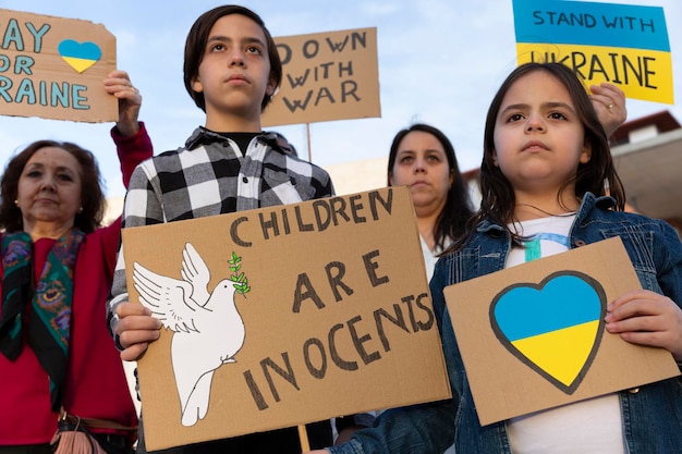 Child activists and others demonstrating against the invasion of Russian troops in Ukraine Solidarity and support to the Ukrainian people