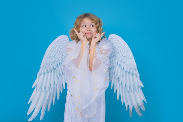 Child angel portrait of cute kid with angel wings isolated on studio background little angel valenti