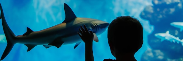 Child at Aquarium Fascinated by Sharks Underwater Marine Life Encounter