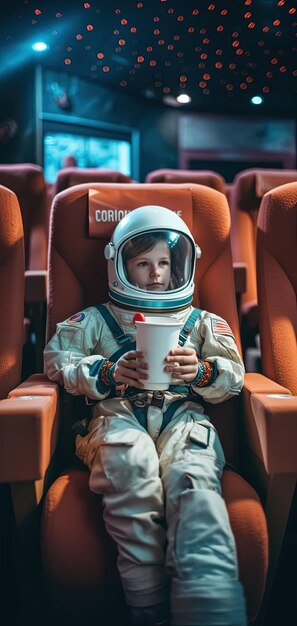 Photo a child in an astronaut suit holds a cup of coffee