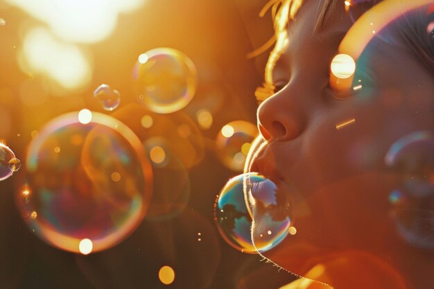 Photo a child blowing bubbles in the sunlight