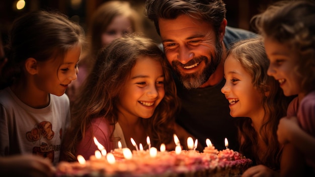 Child blowing out the candles on the birthday cake with his family