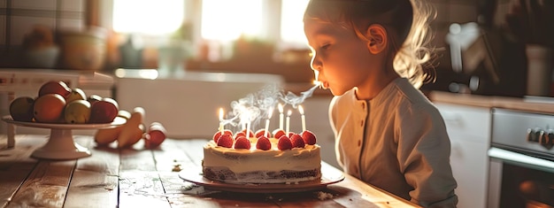 the child blows out the candles on the cake Selective focus