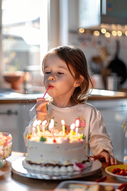 the child blows out the candles on the cake Selective focus