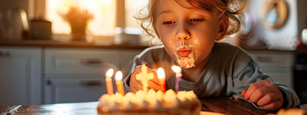 the child blows out the candles on the cake Selective focus