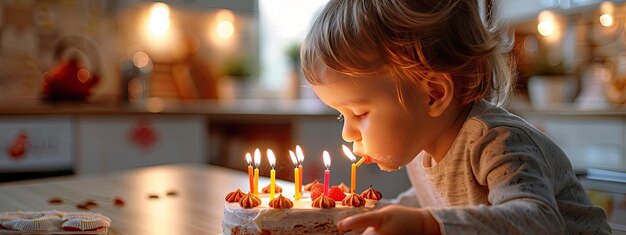 Photo the child blows out the candles on the cake selective focus