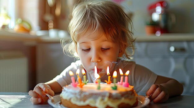 Photo the child blows out the candles on the cake selective focus