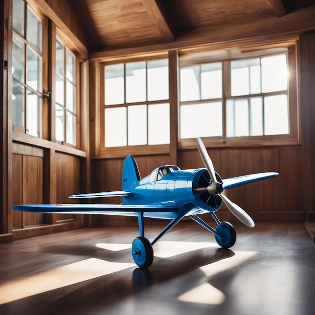 Child blue propeller toy airplane spinning indoors