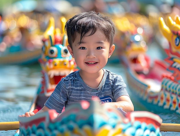 a child in a blue shirt is smiling at the camera