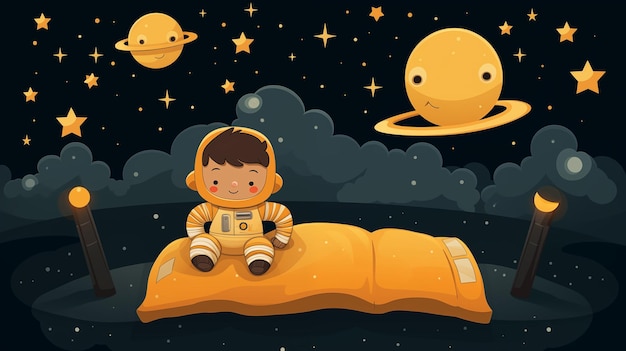 Child boy astronaut sitting on soft bed with space scene with stars and friendly smiling planets