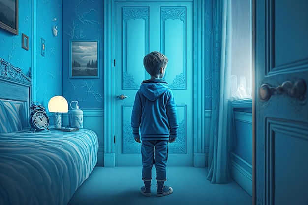 A child boy in a blue clothes is standing in a monochrome navy room