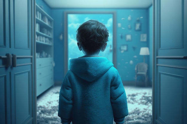 A child boy in a blue clothes is standing in a monochrome navy room