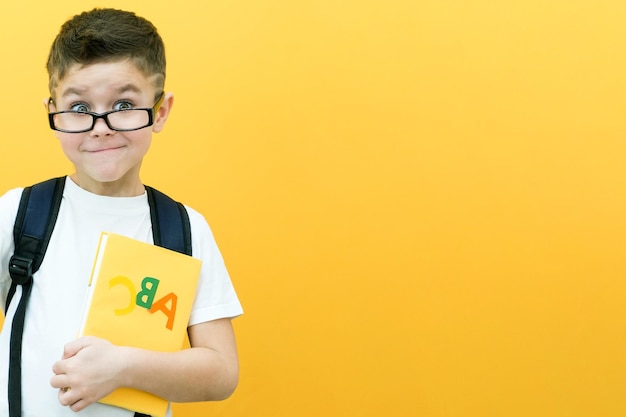 Child boy in glasses on a yellow wall background Great idea Happy smiling schoolboy goes back to school Success motivation winner genius concept textbook in hand