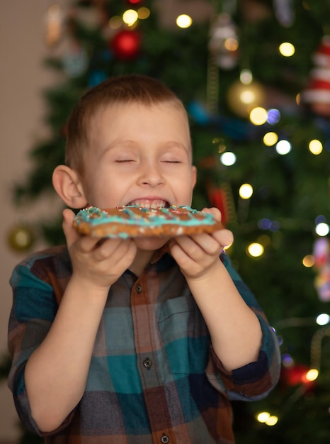 child boy happy eating gingerbread next to christmas tree