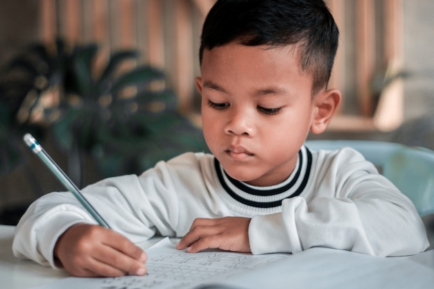 Child boy holding pencil writing. Asian Boy doing homework, kid writing paper, education concept, back to school.