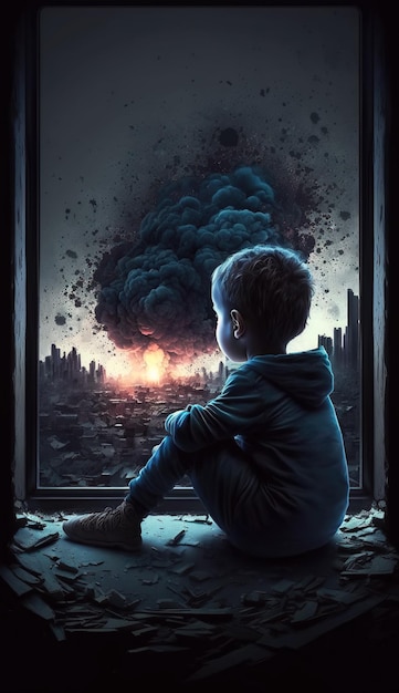 Child boy looks out window with bomb explosions in a destroyed city concept no war Generative AI