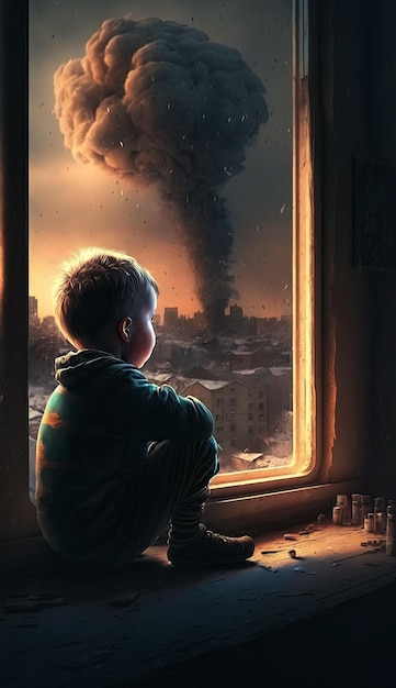 Child boy looks out window with bomb explosions in a destroyed city concept no war Generative AI