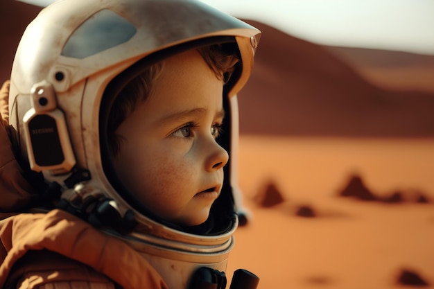 A child a boy in a spacesuit and a helmet discovering an unknown planet