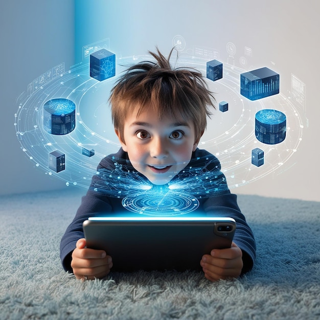 Child boy using tablet and looking up digital hologram hud of blocks and network Information fields and blockchain