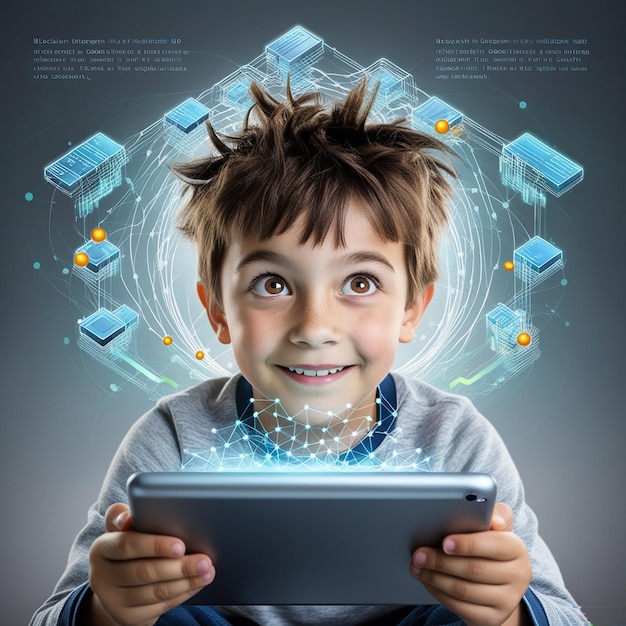 Child boy using tablet and looking up digital hologram hud of blocks and network Information fields and blockchain