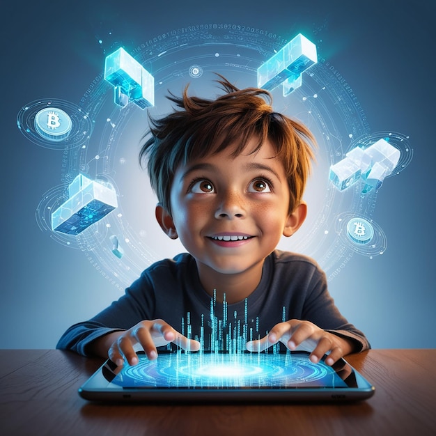 Child boy using tablet and looking up digital hologram hud of blocks and network Information fields and blockchain