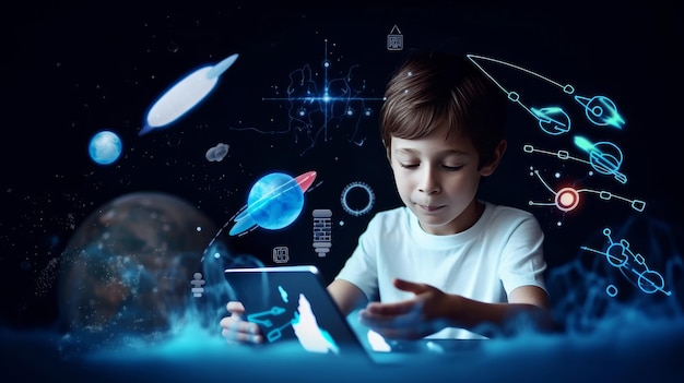 Child boy using tablet technology concept Illustration AI GenerativexD