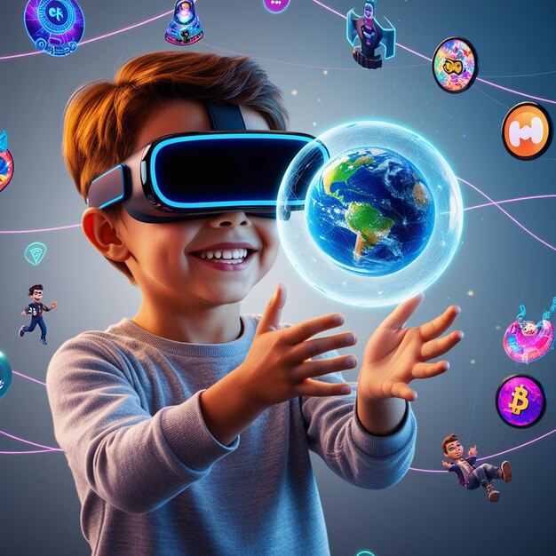 Photo child boy in vr glasses hands working with earth sphere hologram different virtual reality icons hologram with cryptoart and online games