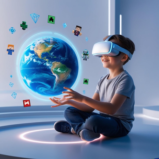 Photo child boy in vr glasses hands working with earth sphere hologram different virtual reality icons hologram with cryptoart and online games