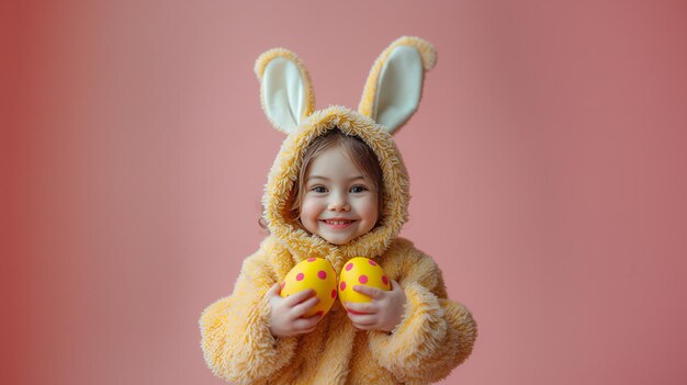 Photo child in bunny costume holding easter eggs on pink background perfect for easter holiday kids