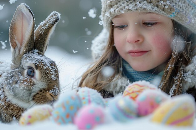 Child and Bunny in Snow with Colorful Easter Eggs