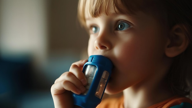 Photo child calmly using an inhaler for asthma relief indoors in daylight