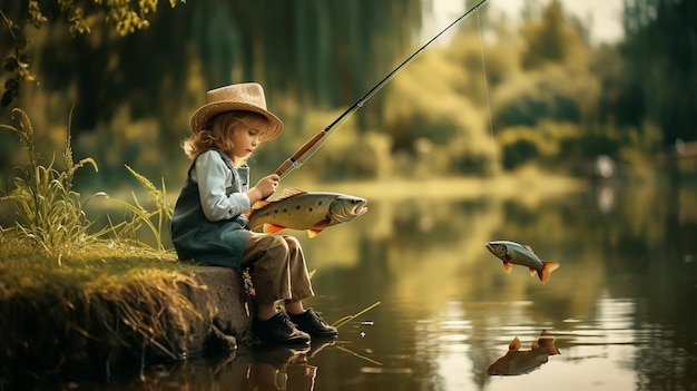 a child catches fish on a lake on a sunny summer dayAIGenerative AI