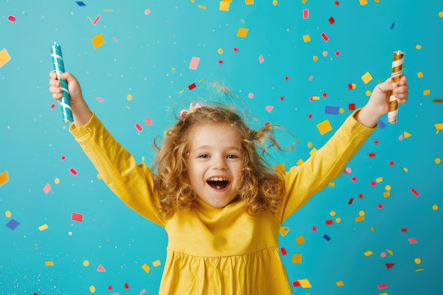 Photo child celebrating with raised arms and party blower