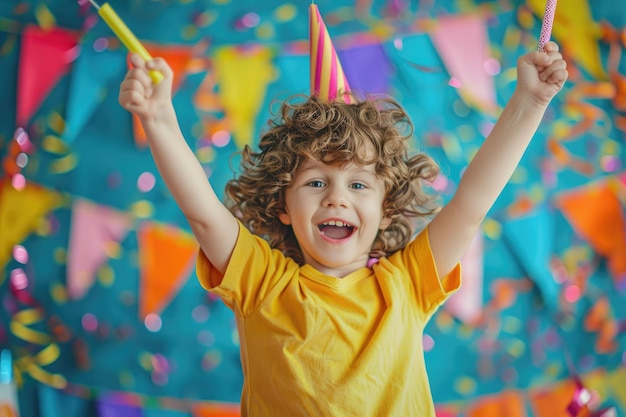 Photo child celebrating with raised arms and party blower