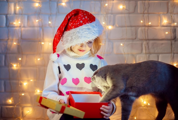 A child in a Christmas red hat opens a New Year's gift with a cat. The cat takes something out of a gift box with its paw. Gift for a cat