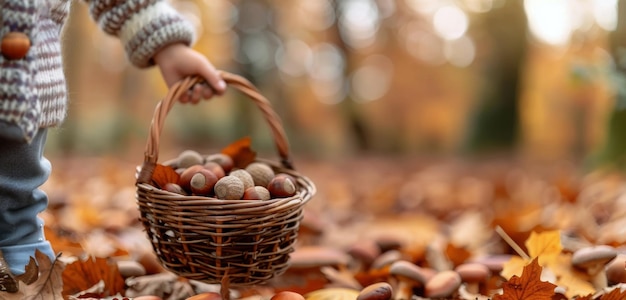 Photo child collecting acorns in a fall forest with colorful leaves