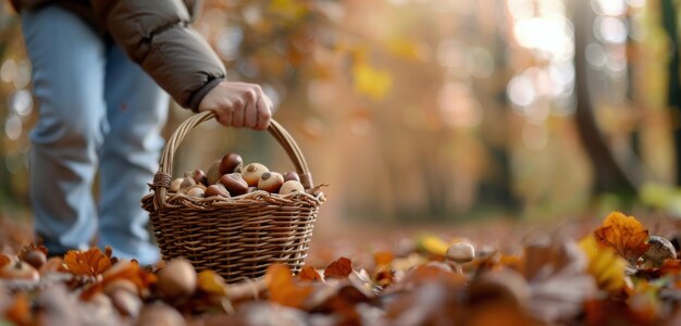 Photo child collecting acorns in a fall forest with colorful leaves