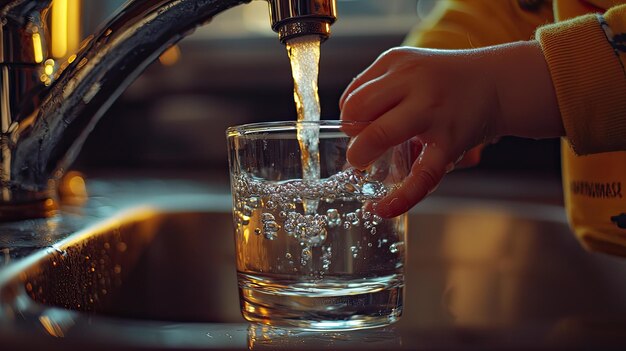 the child collects water in a glass Selective focus