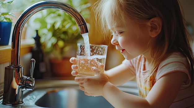 the child collects water in a glass Selective focus