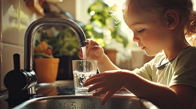 the child collects water in a glass Selective focus