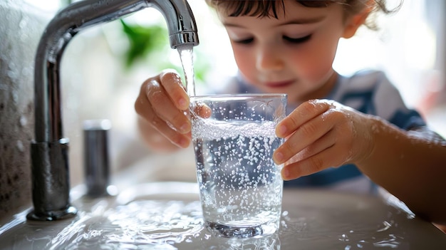 the child collects water in a glass Selective focus