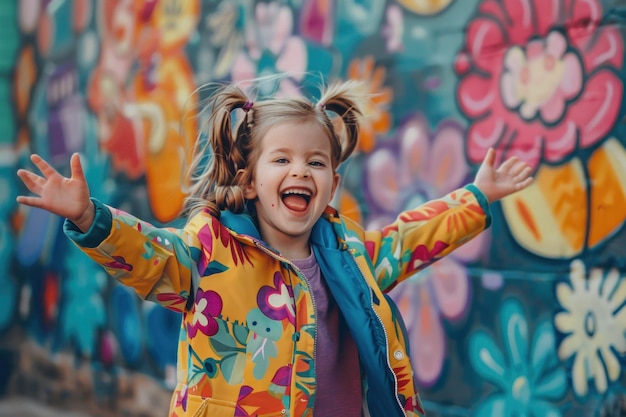 A child in color clothes shows exciting joyful emotions in the street with mural wall in backdrop