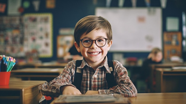 a child coloring writing at his school desk