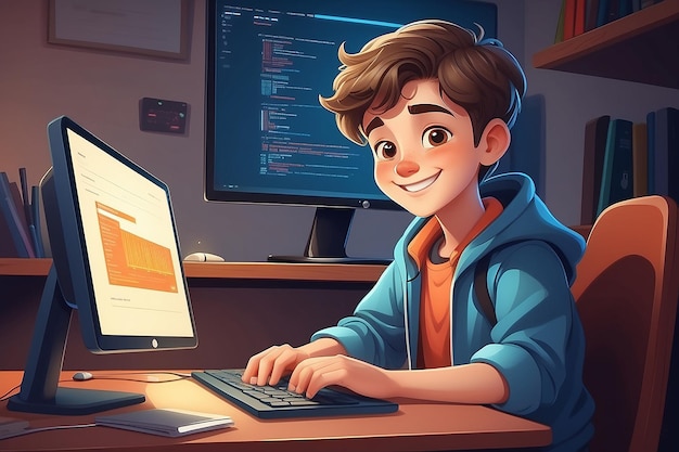 Child at computer Cartoon boy learning at desk with laptop Student studying code vector concept