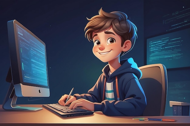 Child at computer Cartoon boy learning at desk with laptop Student studying code vector concept