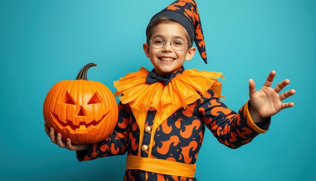 Photo child in costume holding a pumpkin