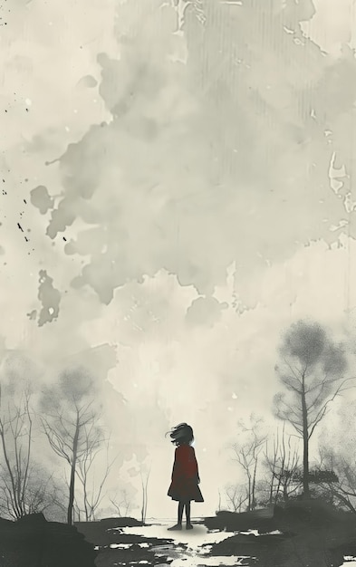 A child in a crimson cloak stands amidst a monochrome landscape