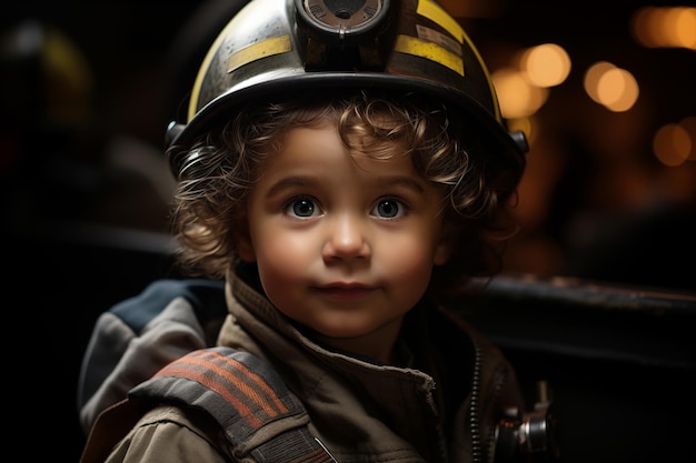 Child cute boy dressed in fire fighers cloths in a fire station with fire truck childs dream